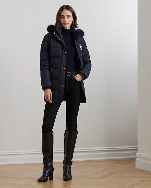 Crest-Patch Hooded Down Coat