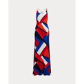 Print Ring-Trim Jersey Halter Gown