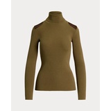 Faux-Leather-Trim Ribbed Turtleneck