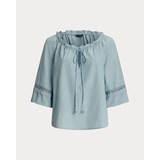 Lace-Trim Chambray Tie-Neck Blouse