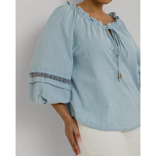 폴로 랄프로렌 Lace-Trim Chambray Tie-Neck Blouse