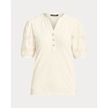 Lace-Trim Jersey Puff-Sleeve Henley Tee