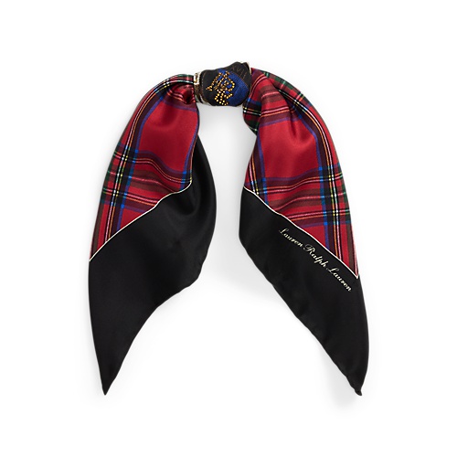 폴로 랄프로렌 Plaid Embellished-Crest Silk Twill Scarf