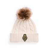 Crest-Patch Pom-Pom Cable-Knit Beanie