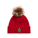 Crest-Patch Pom-Pom Cable-Knit Beanie