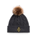 Crest-Patch Pom-Pom Cable-Knit Beanie