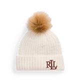 Leather-Trim Pom-Pom Rib-Knit Beanie