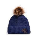 Leather-Trim Pom-Pom Rib-Knit Beanie