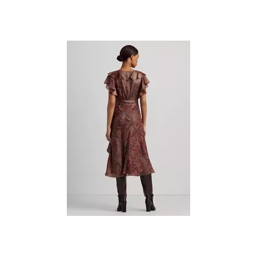 폴로 랄프로렌 Print Ruffle Trim Metallic Chiffon Dress