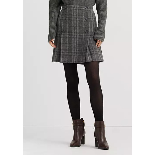 폴로 랄프로렌 Plaid Pleated Wool-Blend Tweed Miniskirt