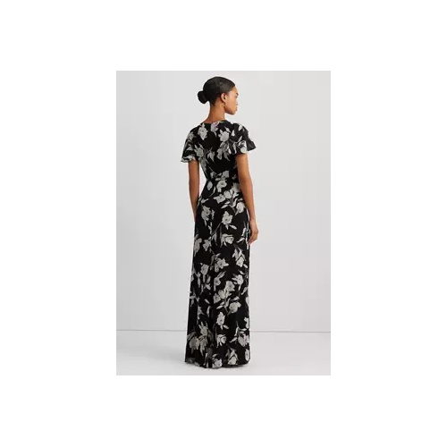 폴로 랄프로렌 Womens Floral Belted Flutter-Sleeve Gown