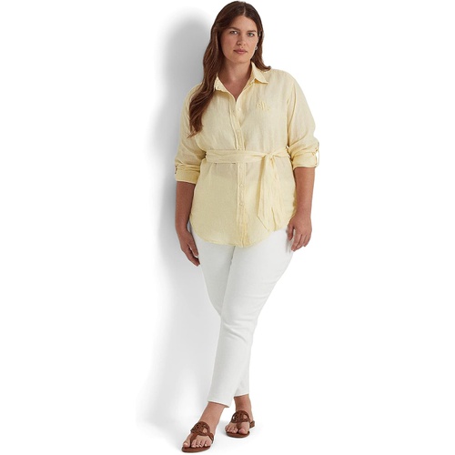 폴로 랄프로렌 LAUREN Ralph Lauren Plus Size Striped Logo Linen Shirt