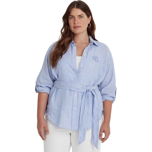 폴로 랄프로렌 LAUREN Ralph Lauren Plus Size Striped Logo Linen Shirt