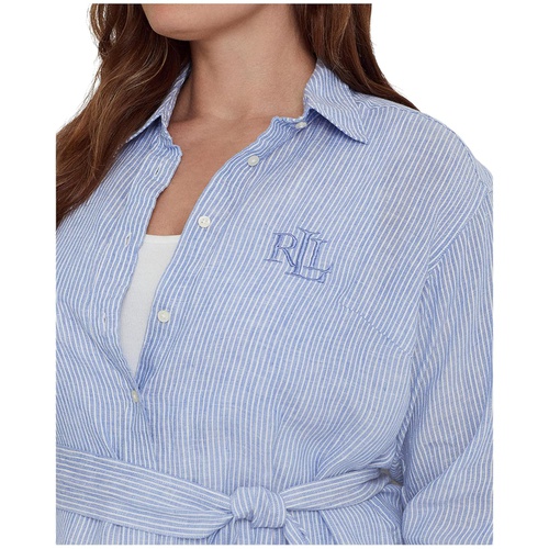 폴로 랄프로렌 LAUREN Ralph Lauren Plus Size Striped Logo Linen Shirt