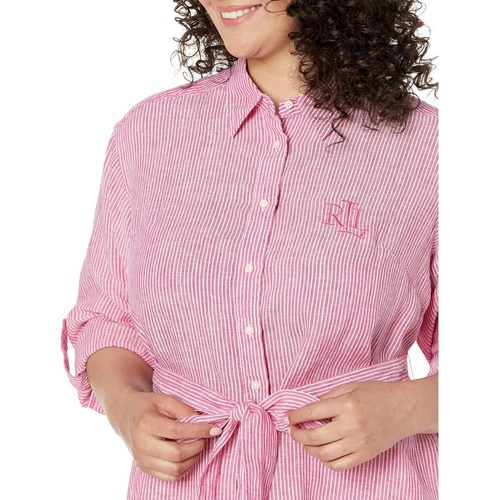 폴로 랄프로렌 LAUREN Ralph Lauren Plus Size Striped Logo Linen Shirt