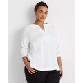 Womens Plus Size Split-Neck Three-Quarter Sleeve Cotton Tunic