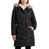 Womens Faux-Fur-Trim Hooded Puffer Coat