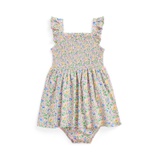 Baby Girls Floral Smocked Cotton Dress and Bloomer Set