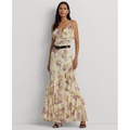 Womens Ruffled Floral Column Gown