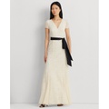 Womens Belted Lace A-Line Gown