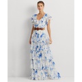 Womens Belted Tiered Floral Gown