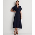 Womens Self-Belt Roll-Tab Sleeve Surplice Crepe Dress