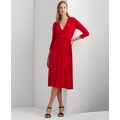 Womens Self-Belt Three-Quarter Sleeve Surplice Jersey Dress