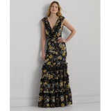 Womens Tiered Ruffled Floral Gown