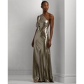 Womens One-Shoulder Metallic Chiffon Gown