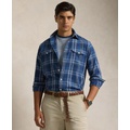 Mens Classic-Fit Plaid Linen-Cotton Workshirt