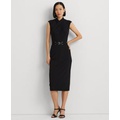 Womens Belted Jersey Mockneck Dress