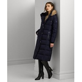 Womens Maxi Faux-Fur-Trimmed Hooded Puffer Coat