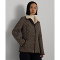 Womens Faux-Sherpa-Collar Quilted Coat