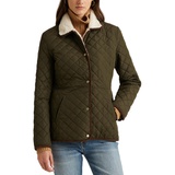 Womens Faux-Sherpa-Collar Quilted Coat