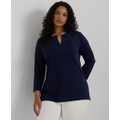 Womens Plus Size Split-Neck Three-Quarter Sleeve Cotton Tunic