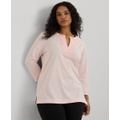 Womens Plus Size Split-Neck Three-Quarter Sleeve Cotton Tunic