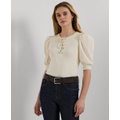 Womens Lace-Up Puff-Sleeve Top