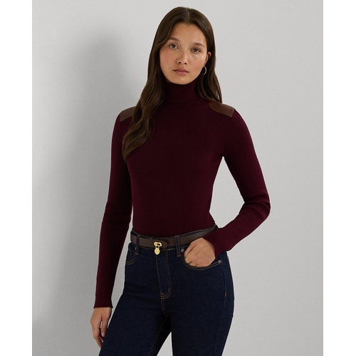 폴로 랄프로렌 Womens Faux-Leather-Trim Ribbed Turtleneck