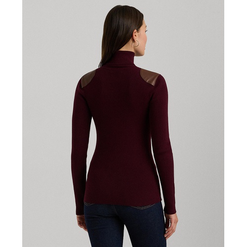 폴로 랄프로렌 Womens Faux-Leather-Trim Ribbed Turtleneck