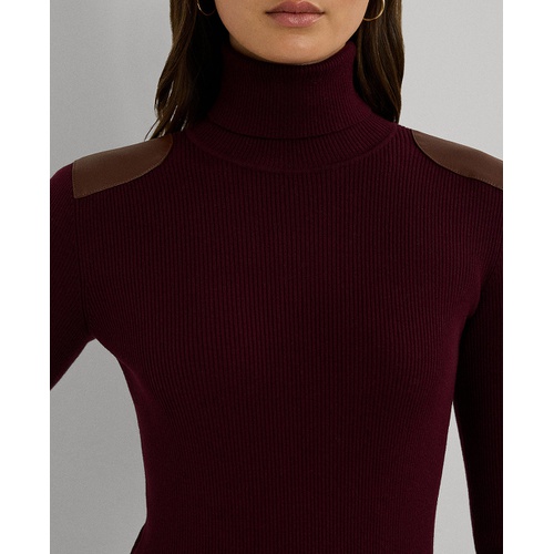 폴로 랄프로렌 Womens Faux-Leather-Trim Ribbed Turtleneck