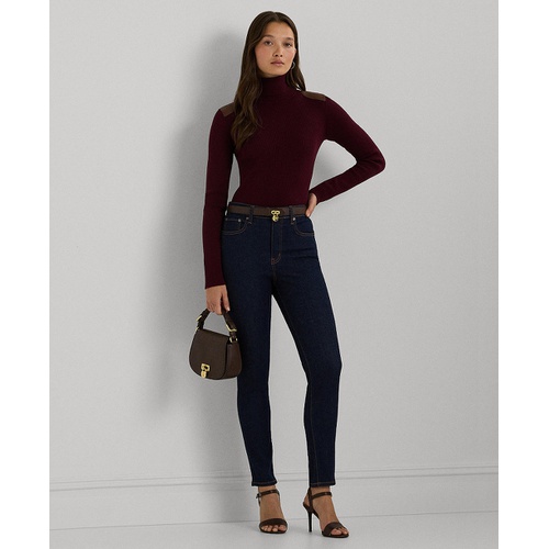 폴로 랄프로렌 Womens Faux-Leather-Trim Ribbed Turtleneck