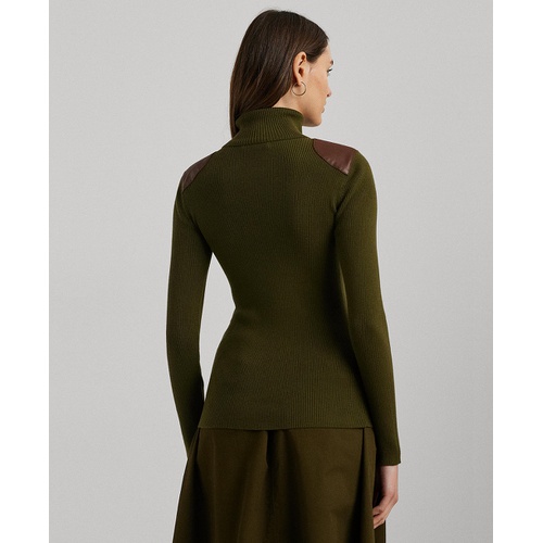 폴로 랄프로렌 Womens Faux-Leather-Trim Ribbed Turtleneck