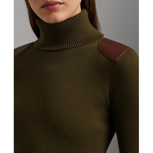 폴로 랄프로렌 Womens Faux-Leather-Trim Ribbed Turtleneck