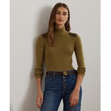 Womens Faux-Leather-Trim Ribbed Turtleneck