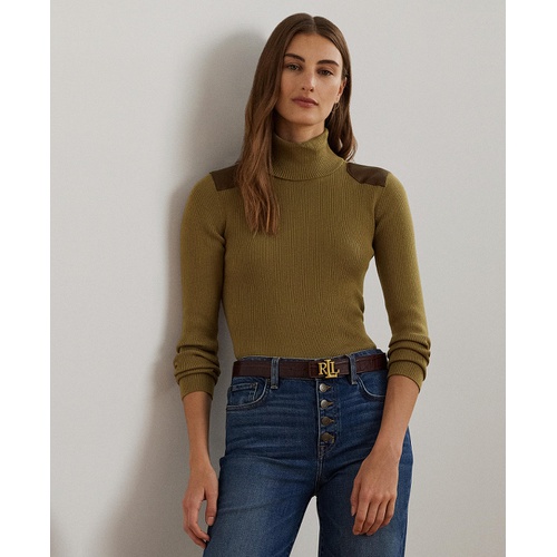 폴로 랄프로렌 Womens Faux-Leather-Trim Ribbed Turtleneck