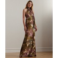 Womens Floral Satin Halter Gown