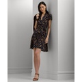 Womens Floral Belted Short-Sleeve Dress