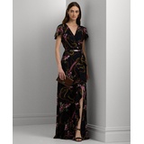 Womens Belted Floral Flutter-Sleeve Gown