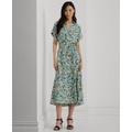 Womens Floral Belted Crepe Dress