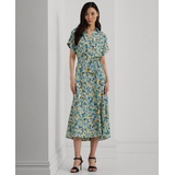 Womens Floral Belted Crepe Dress